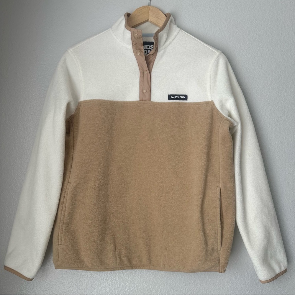Lands‎ End Heritage Fleece Snap Neck Pullover Cream Ivory size Small Lands end